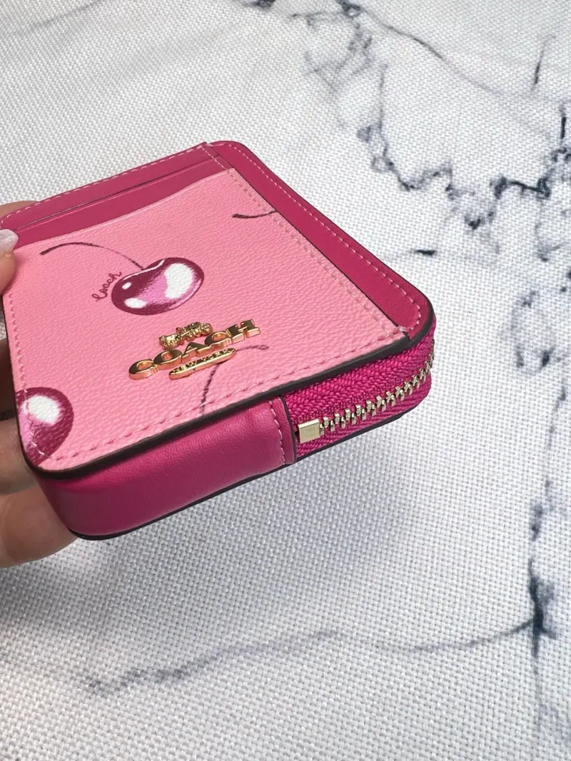 Coach Pink Cherry Print Zip Card Case Wallet - Image 5