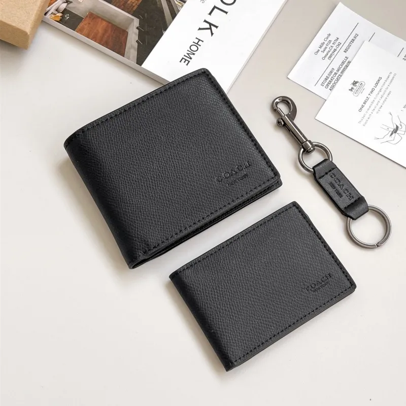 Coach Black Leather Wallet Keychain Set - Image 3