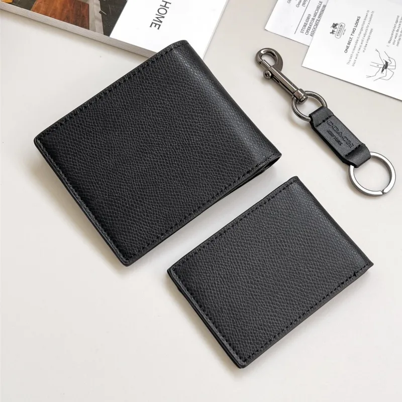 Coach Black Leather Wallet Keychain Set - Image 4
