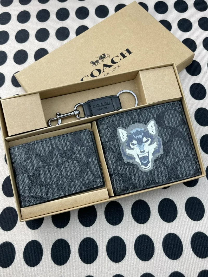 Coach Black Wolf Print Wallet Keychain Set