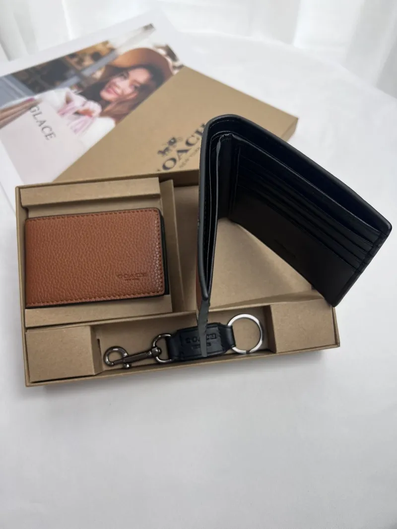 Coach Brown Leather Wallet Keychain Gift Set - Image 3