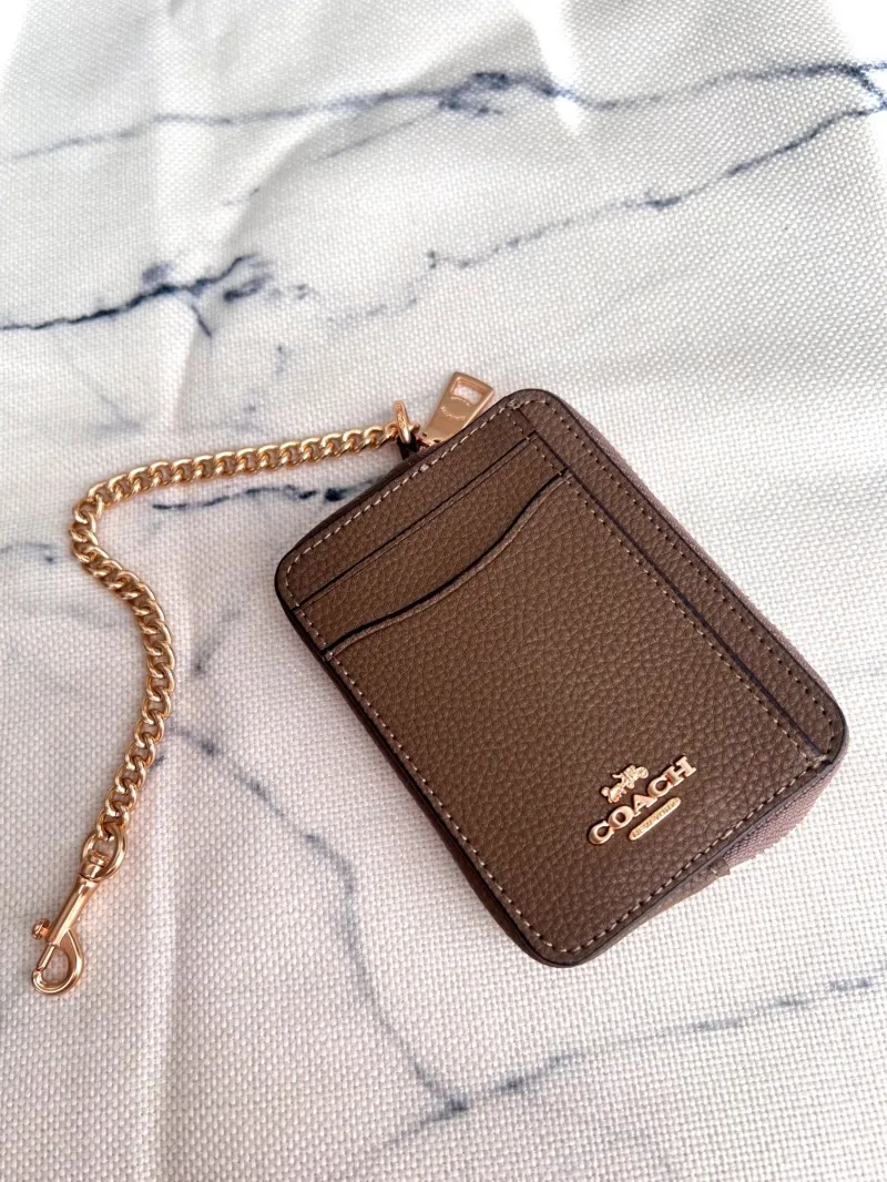Coach Brown Zip Card Case with Chain
