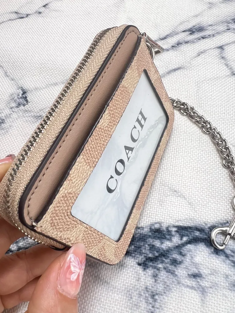 Coach Tan Zip Card Case with Chain - Image 8