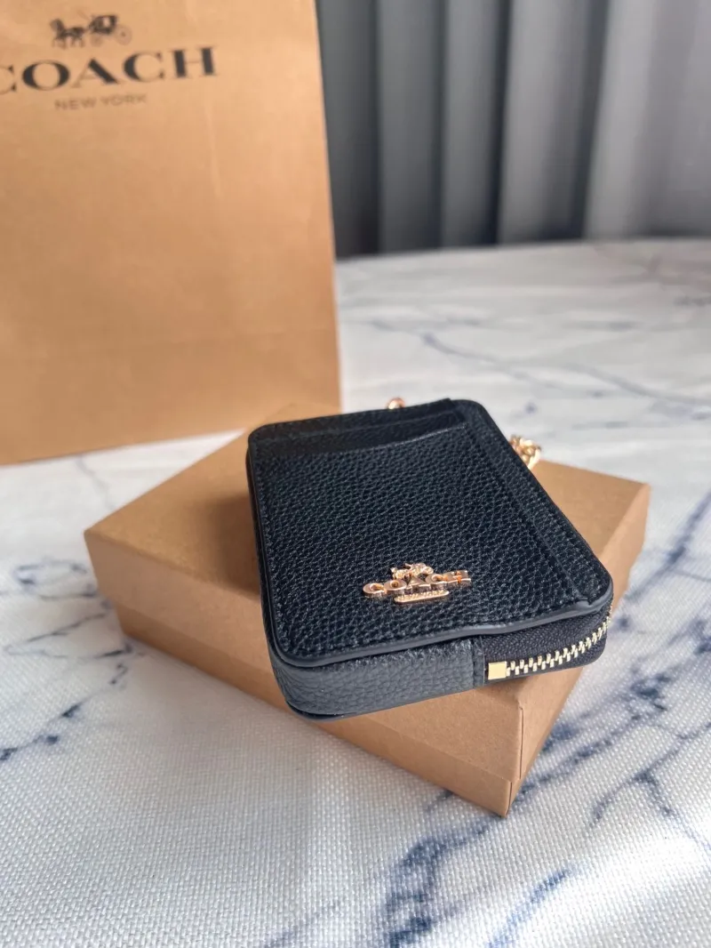 Coach Black Zip Card Holder with Chain - Image 5