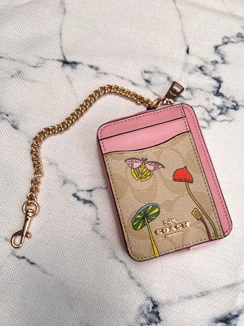 Coach Pink Signature Zip Card Wallet with Chain