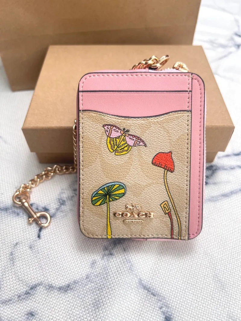 Alternative view of Coach Pink Signature Zip Card Wallet with Chain