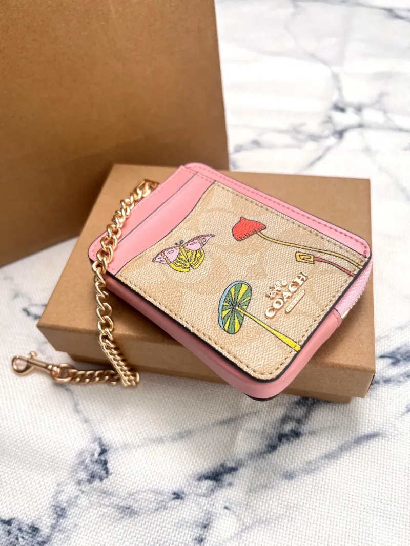 Coach Pink Signature Zip Card Wallet with Chain - Image 4