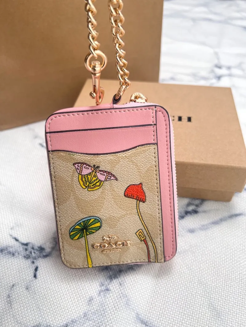 Coach Pink Signature Zip Card Wallet with Chain - Image 5