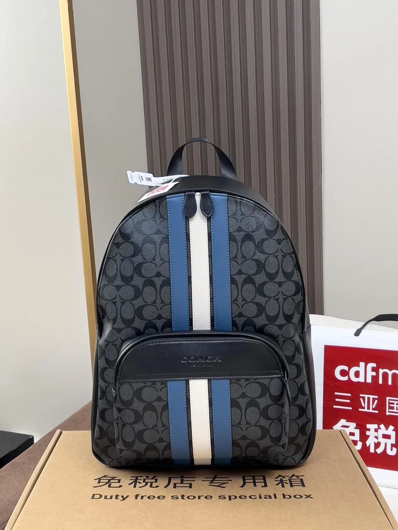 Coach Black Signature Stripe Backpack - Image 4